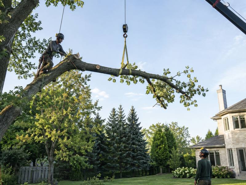 Cut section flown clear on a crane sling above the lawn