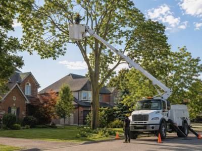 Bucket truck raised into a street tree from the road