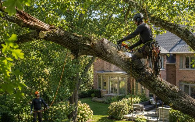 Climber on a long horizontal limb with rigging lines set