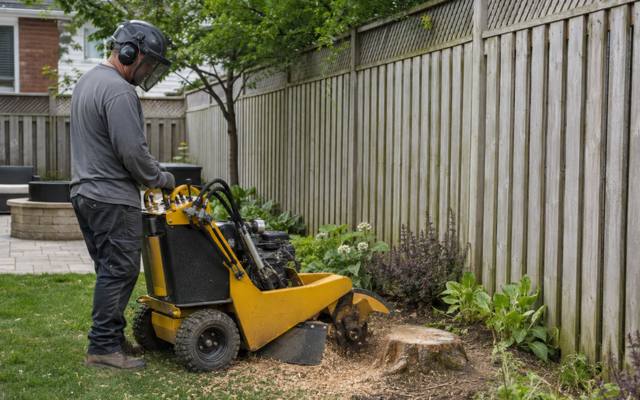 Grinder working a stump in a fenced back garden
