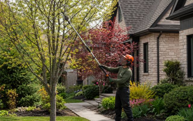 Pole saw work on a small ornamental tree in a front garden