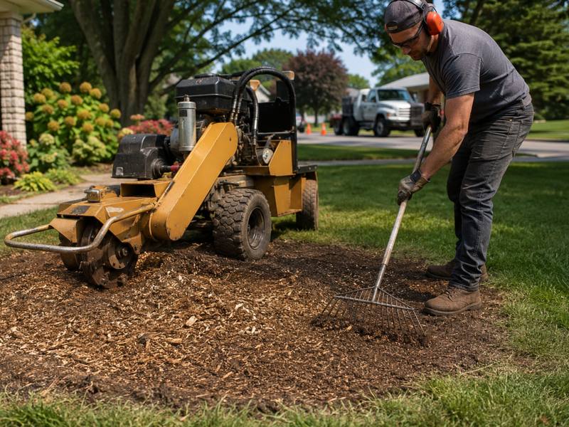 Raking out the chip after a stump has been ground down